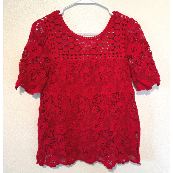 Anthropologie Vanessa Virginia Women's Top Size 4 Red Crochet Floral Mixed Print - Picture 3 of 8